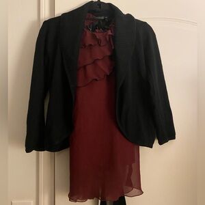 Black Knit Open-Front Sweater with Burgundy Top Layering Set